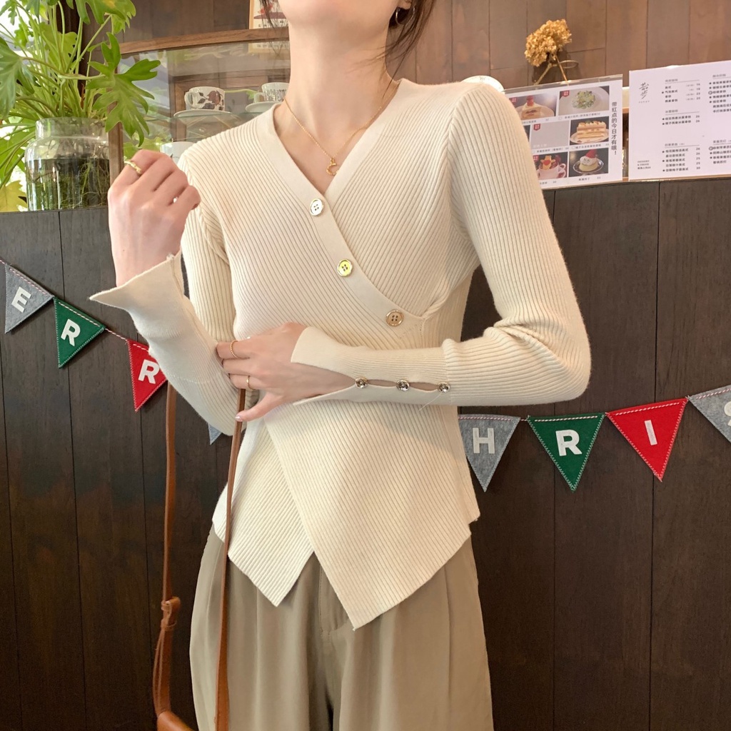 ZHELIHANGFEI Áo Len Tay Dài Cổ Chữ V Thời Trang Quyến Rũ Cho Nữ