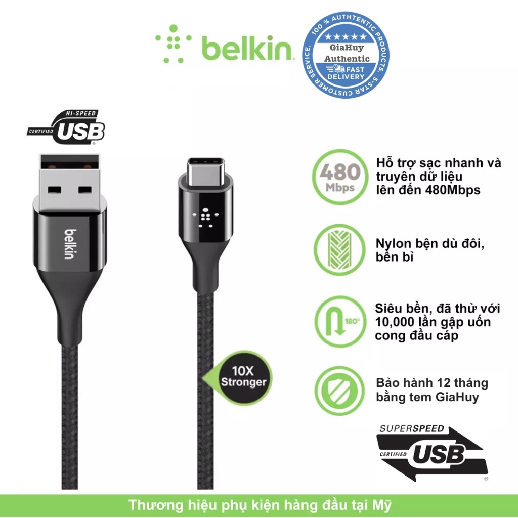 Cáp sạc nhanh cao cấp Belkin MIXIT↑™ DuraTek™ F2CU059bt04 A to C dòng sạc 3A - chiều dài 1.2m