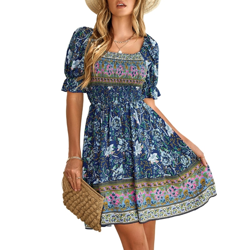 Xiangbao Đầm Dáng Chữ A Viền Xếp Nếp Tay Ngắn In Hoa Cho Nữ