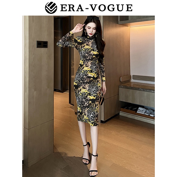 EraVogue🌷 Áo Khoác Dáng Dài Ôm Eo Cổ Đứng In Họa Tiết Da Báo Sang Trọng Cho Nữ 20189