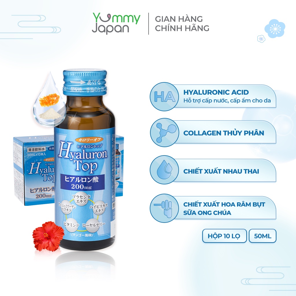 Nước uống cấp nuớc Hyaluron Top SHINNIPPAI Nhật Bản hộp 10 chai x 50ml giúp da săn chắc, giảm tiết dầu