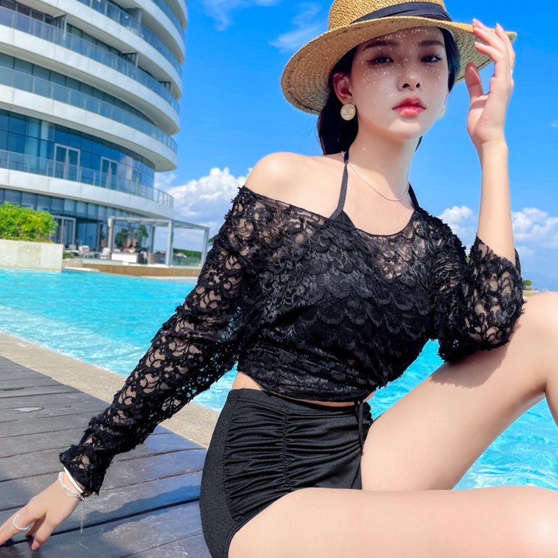 Set bikini biển 3 mảnh sexy đẹp quần cạp cao che bụng có áo choàng đồ tắm đồ đi bơi B50