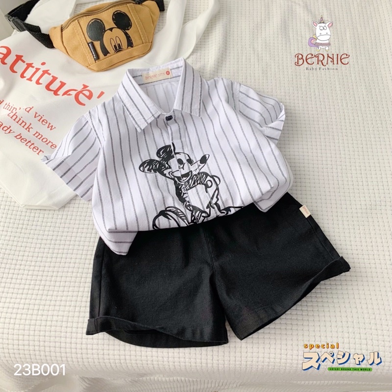 Bộ sơmi bé trai Bernie kẻ hoạ tiết Micky chất thô cho bé từ 8-22kg-23B001