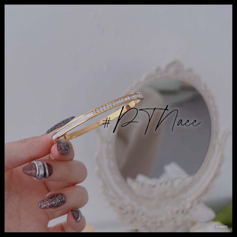 Vòng tay titan mảnh xà cừ trắng phối đá paguet kiểu Hàn Quốc .PTNACC.