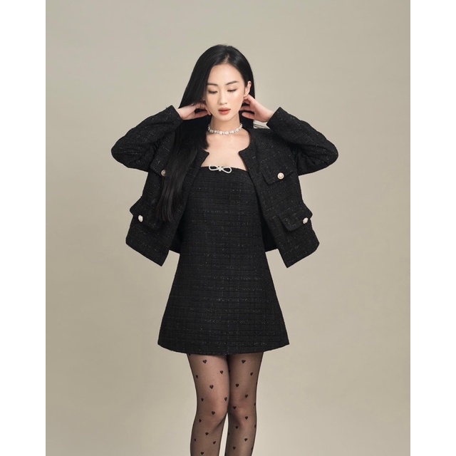 MUSE DRESS màu đen vải tweed