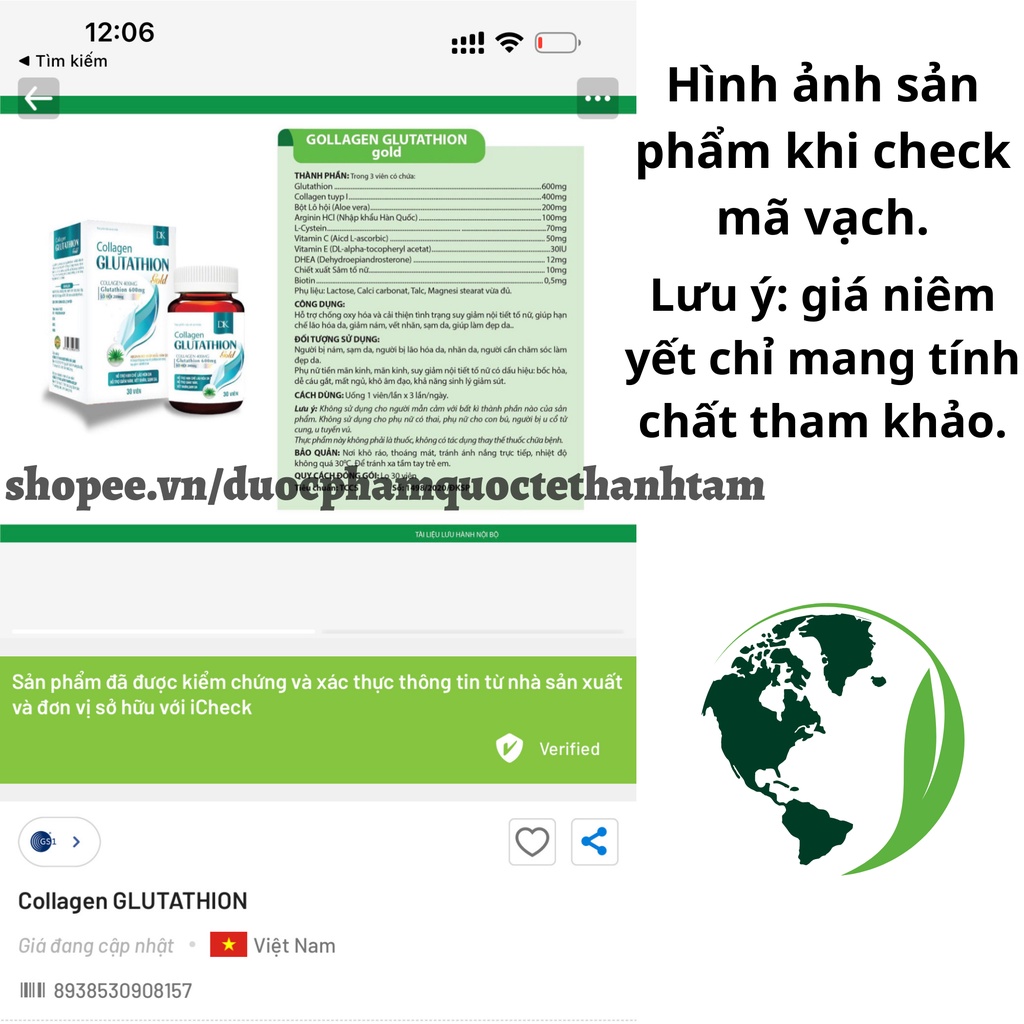 Viên uống đẹp da Collagen Glutathione Gold bổ sung vitamin e giúp trắng da, sáng da - Hộp 30 viên