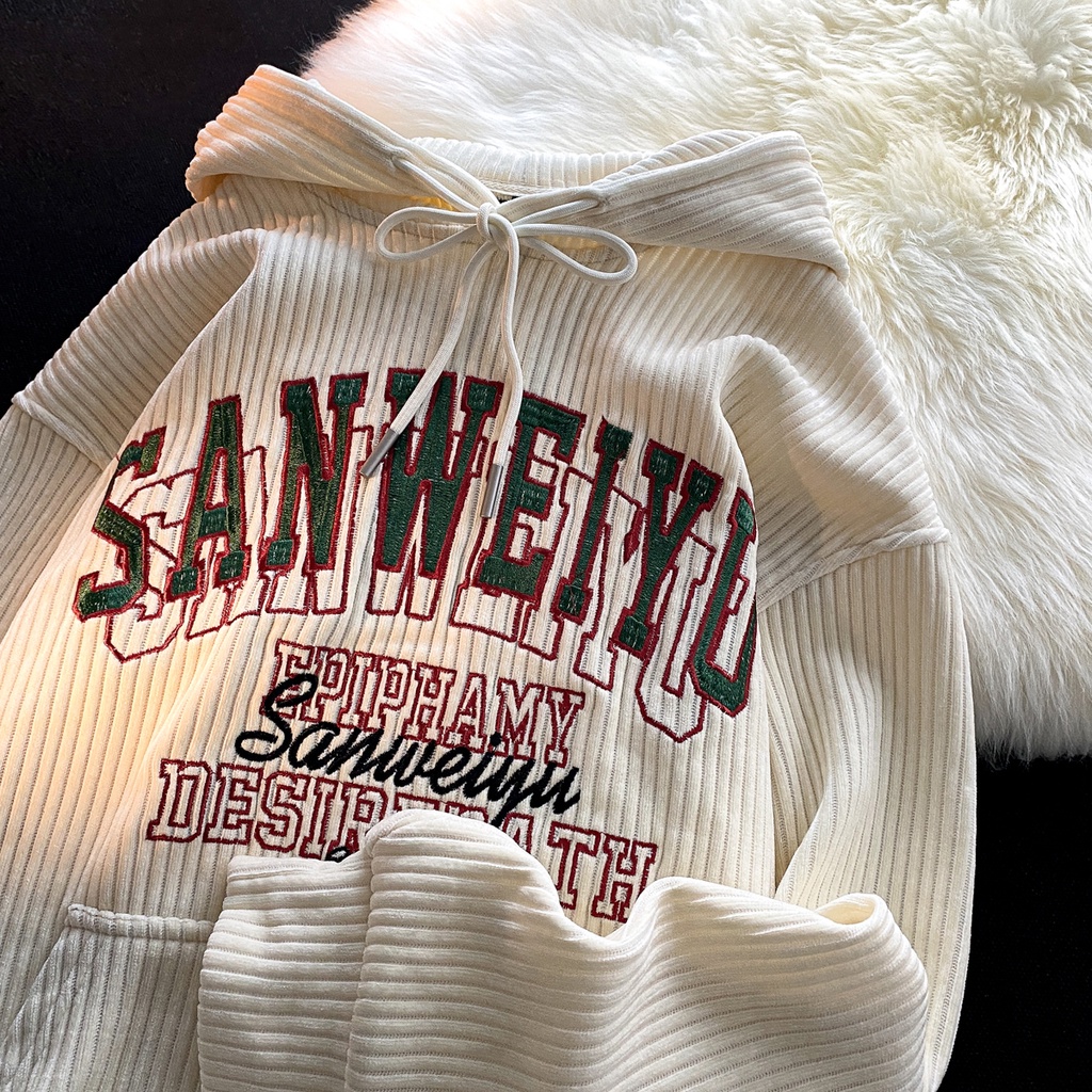 Áo Hoodies Nhung Kẻ Hoạ Tiết Chữ Thêu Thiết Kế Dáng Rộng Thoải Mái