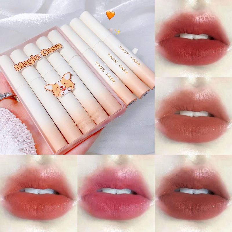 Set 5 Son Môi MAGIC CASA Dạng Lỏng Chống Thấm Nước Lâu Trôi Không Dính Thành Cốc Thiết Kế Hình Chú Chó Dễ Thương Phong Cách Hàn Quốc