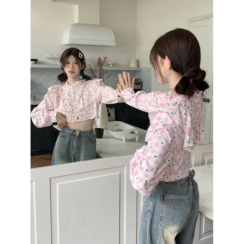 Áo Sơ Mi Tay Dài Dáng Rộng In Hình Trái Tim Kiểu Hàn Quốc Thời Trang Mùa