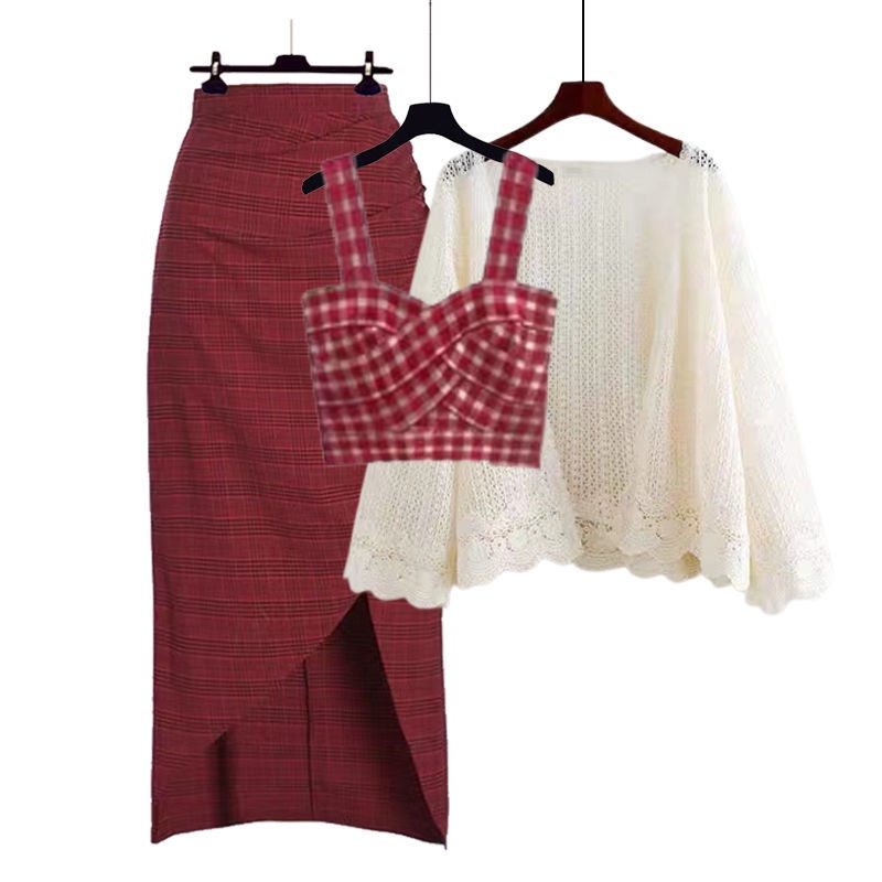 Bộ Áo Khoác Cardigan + Áo Khoác Cardigan + Chân Váy Sọc Ca Rô Thời Trang Xuân Thu Hàng Mới 2023