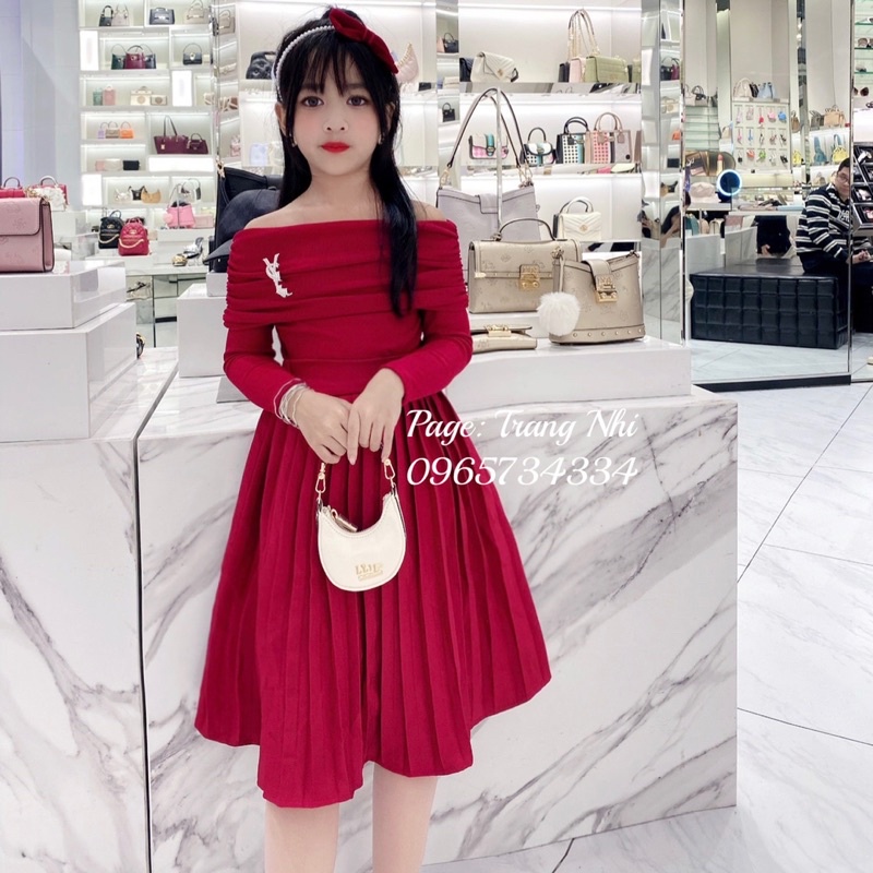 Chân váy xếp ly cho bé gái + áo trễ vai SYL cho bé size 17-42kg