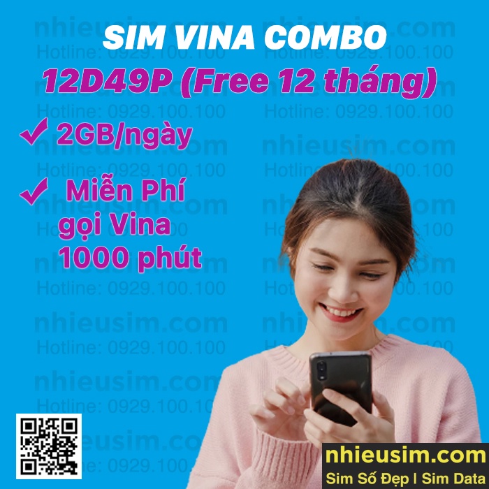 Sim Vina gói 12D49P dùng 1 năm: 2GB/ngày + gọi Vina miễn phí