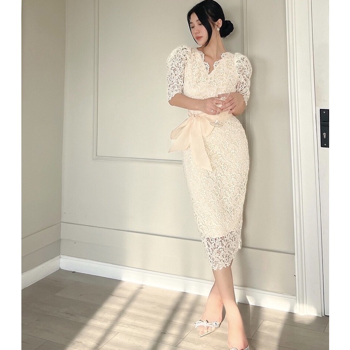 Đầm dự tiệc dạo phố công sở ren hoa dáng ôm cổ tim tay phồng nơ eo thanh lịch trang nhã sang trọng (cam kết loại đẹp)