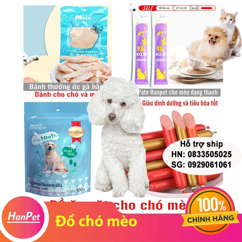 Đồ ăn vặt cho chó mèo  gồm xúc xích pate bánh thưởng thịt gà hấp cho thú cưng