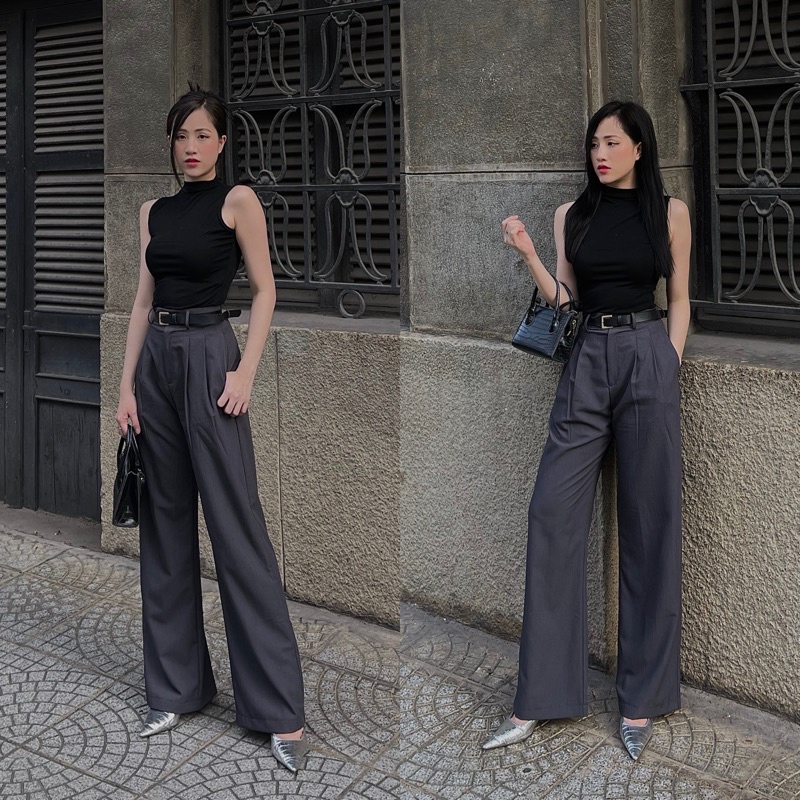 Quần tây xám ống rộng - Áo ba lỗ trắng