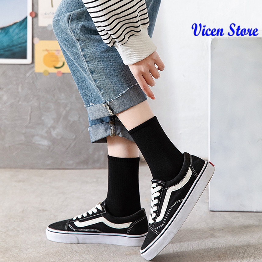 Tất Cổ Cao Nam Nữ VICENZO Đen Trắng Co Giãn 4 Chiều. Vớ Đen Trắng Thể Thao Unisex Chất Cotton Thoáng Thoải Mái