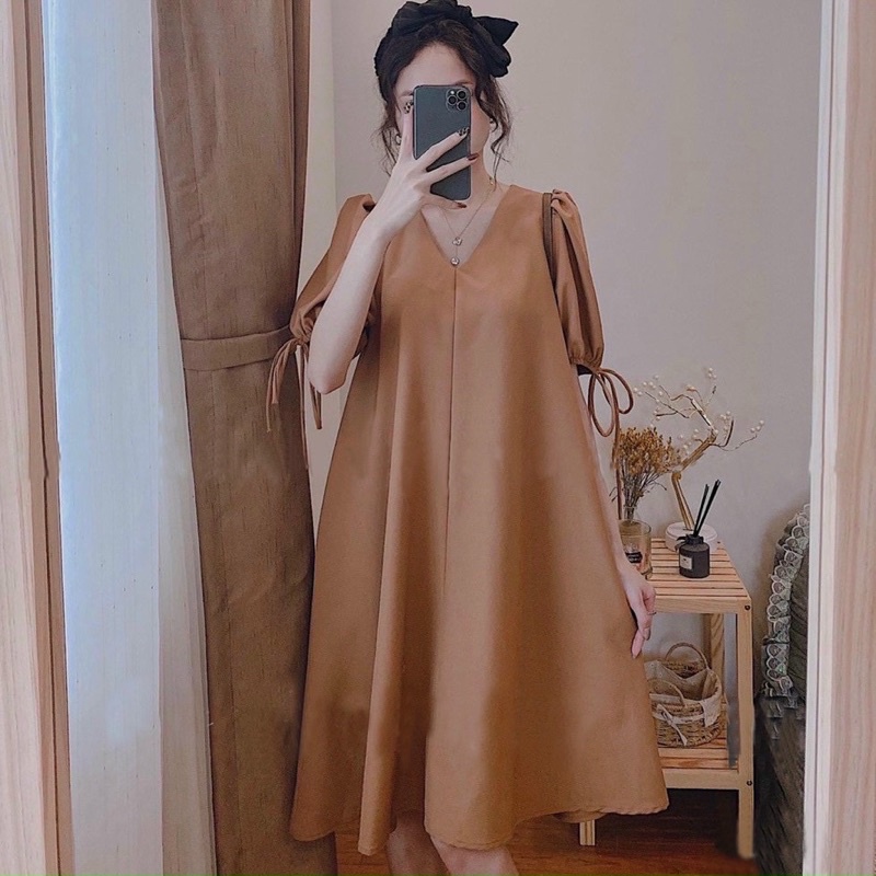 Váy Đũi V04 Buộc Nơ Tay Bồng Cổ Tim Siêu Mát | BigBuy360 - bigbuy360.vn