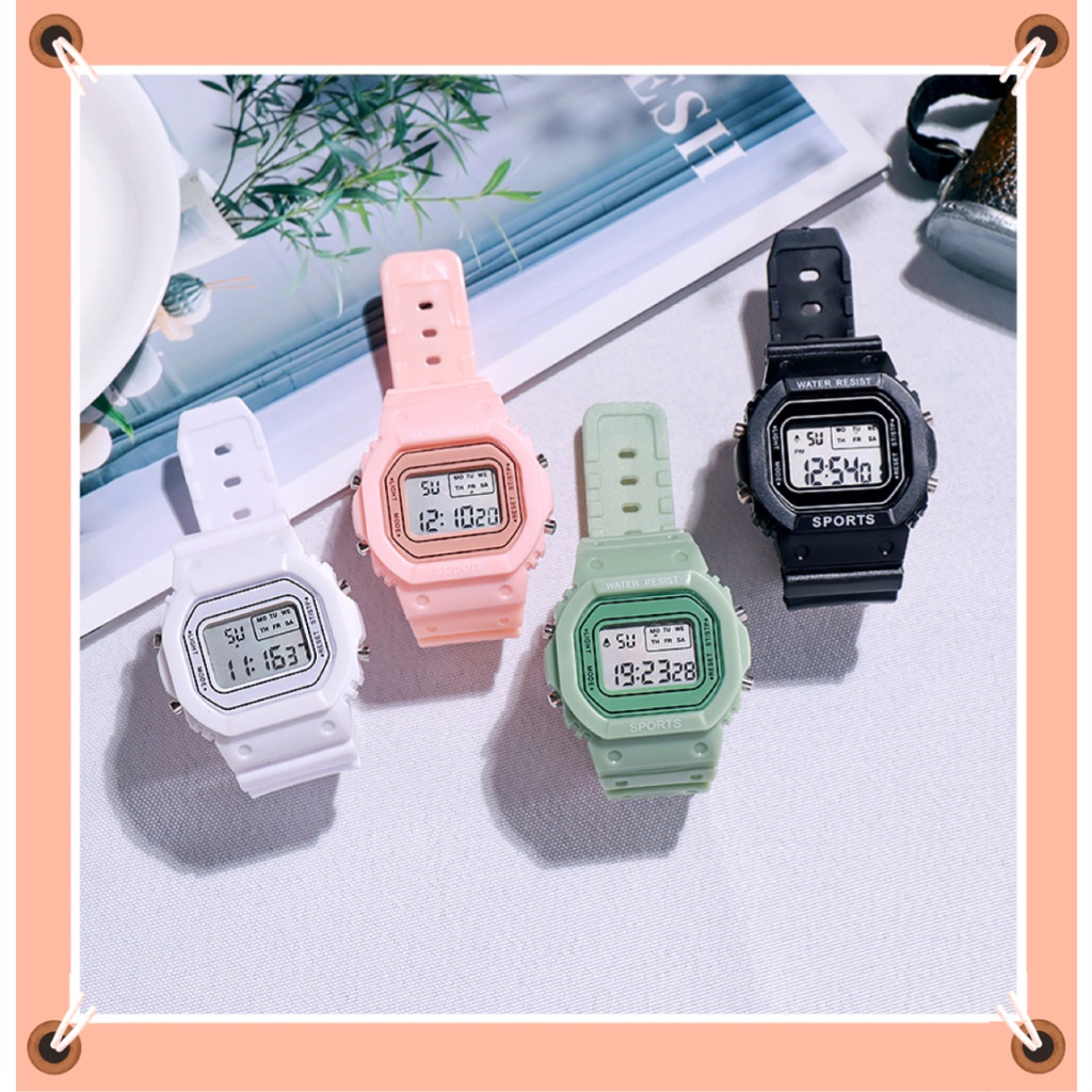 Đồng Hồ LED Điện Tử Mặt Vuông Nhỏ Màu Xanh Lá Matcha Dạ Quang Đa Năng Chống Nước Cho Nam Nữ Sinh Trung Học