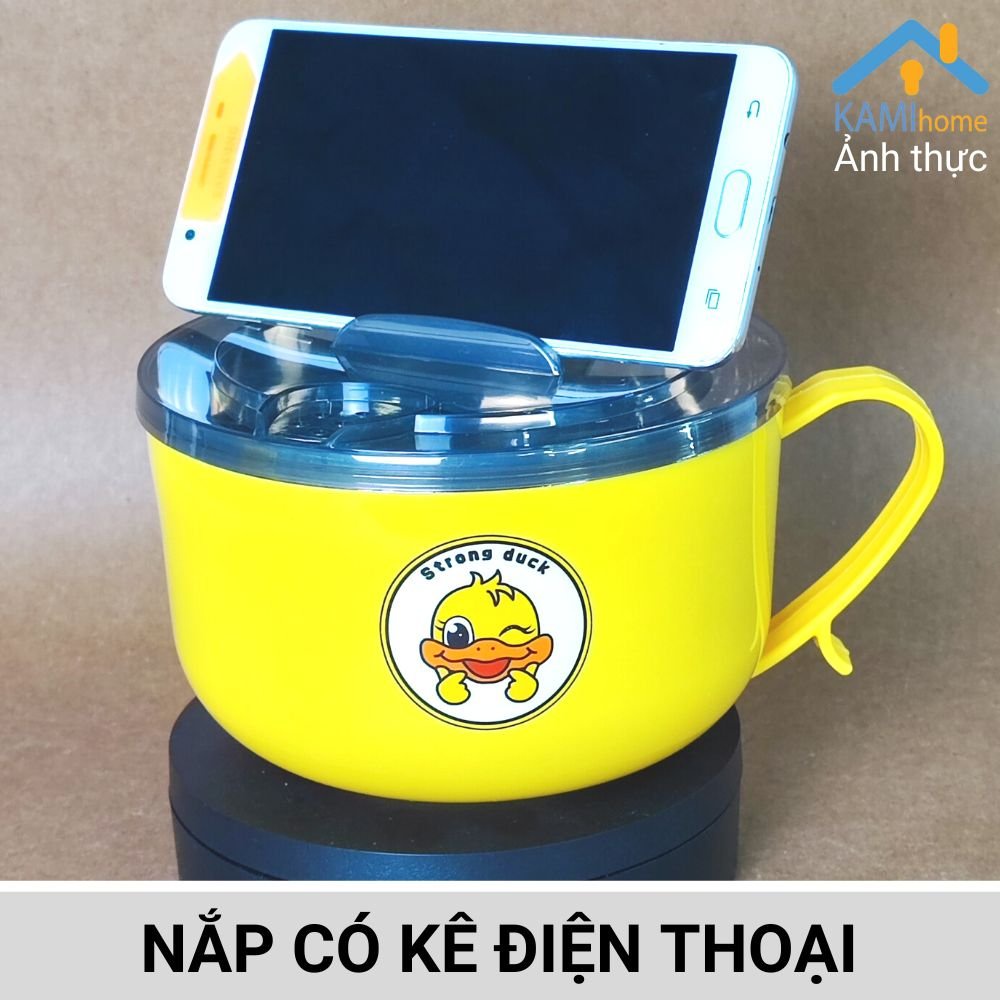 Bát ăn mì có nắp 2 lớp Inox chống nóng lớp ngoài cách nhiệt in hình dễ thương Kami20054