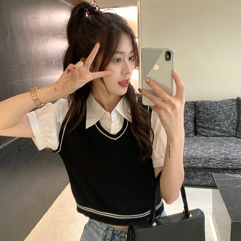 Áo Thun POLO Giả Hai Lớp Ngắn Tay Thời Trang Trẻ Trung