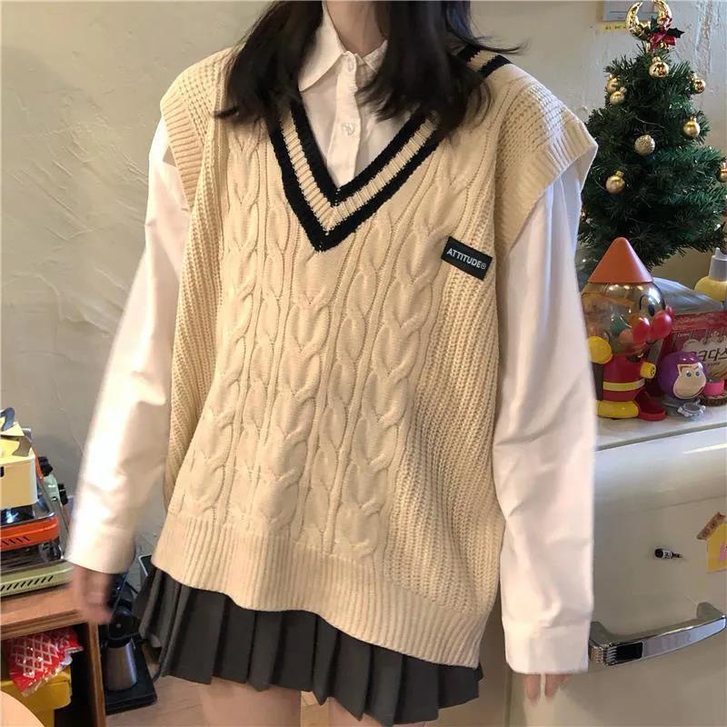 DUNEA Áo Sweater Dệt Kim Cổ Chữ V Phối Màu Xinh Xắn Cho Nữ