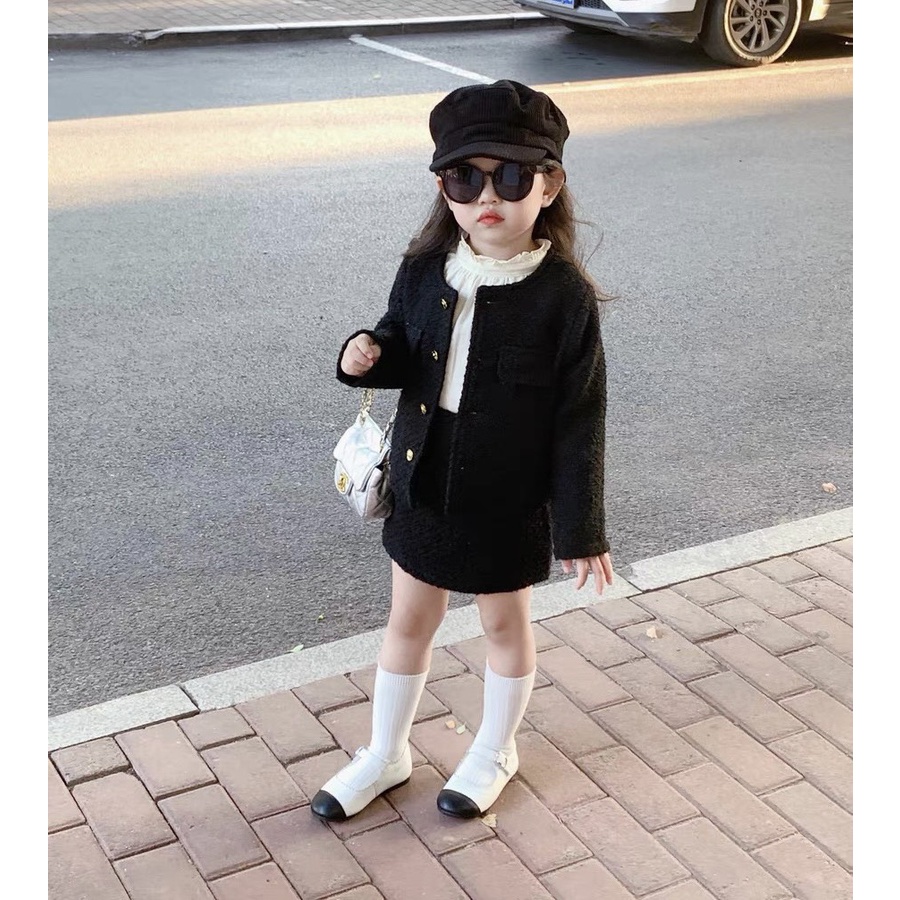 Set 2 chi tiết áo vest và chân váy dạ nhũ bé gái Danchau 76