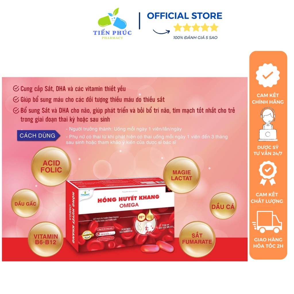 Viên uống bổ máu Hồng Huyết Khang Omega -Giúp bổ máu, sáng mắt, nổ sung sắt và DHA cho não Hộp 40 viên