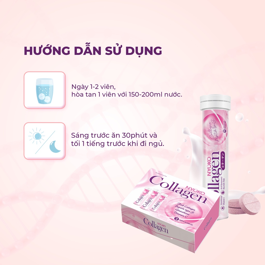 Collagen uống thủy phân Nyoko chiết xuất cá tuyết Nhật Bản chống lão hóa hàm lượng 1250mg/viên hộp 3 lọ x 20 viên