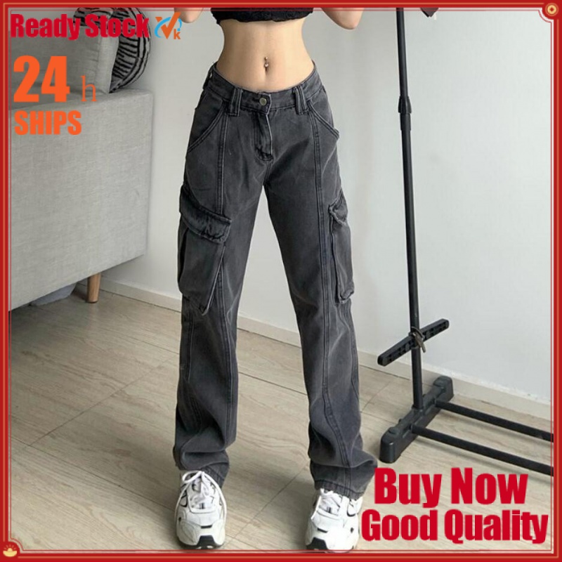 Quần Yếm Denim Ống Rộng Phối Túi Lớn Phong Cách Retro Đường Phố Mỹ Cá Tính Cho Nữ