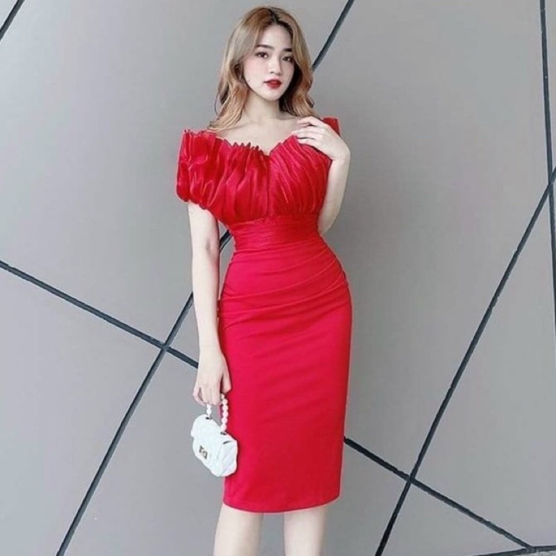 Đầm váy nữ body trễ vai cao cấp dự tiệc sang chảnh màu phối 4 màu tay lửng bồng stclothing Vip87