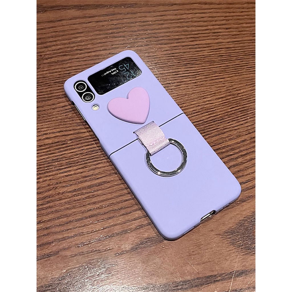 Ốp Điện Thoại Màu Trơn Có Vòng Đỡ Hình Trái Tim 3D Sang Trọng Cho Samsung Galaxy Z Flip 3 4 5G Z Flip3 Flip4 Zflip4