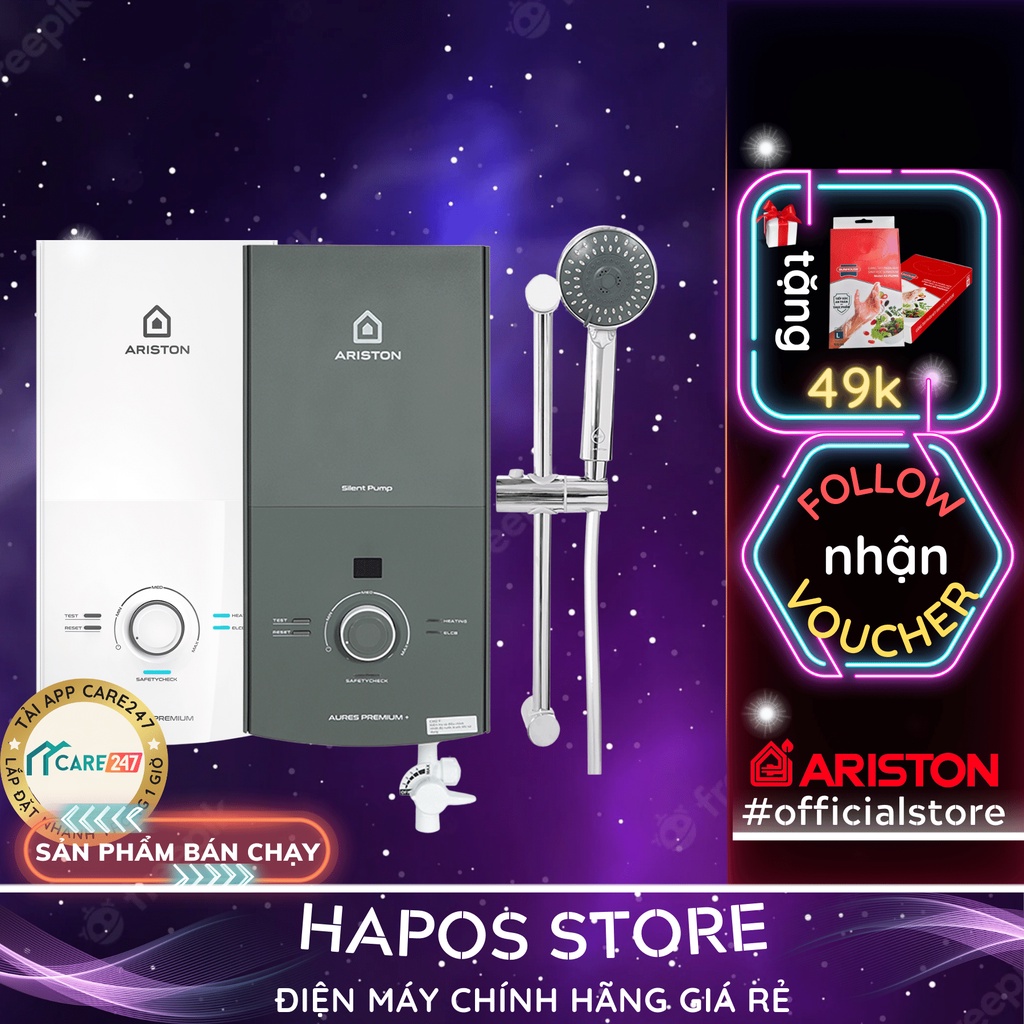 Máy nước nóng trực tiếp Ariston Aures Premium, Bình tắm nóng lạnh an toàn điện đã bao gồm vòi sen - HAPOS