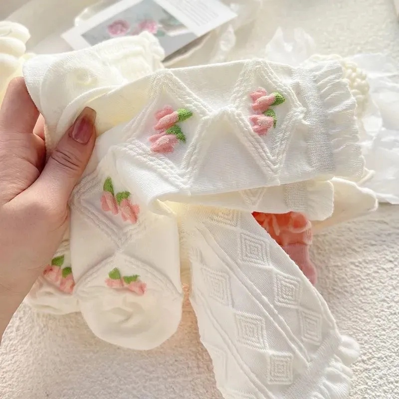 Bộ 5 Đôi Vớ Cotton Mềm Mại Thoáng Khí Chống Trượt Thêu Hoa Phong Cách Lolita Ngọt Ngào
