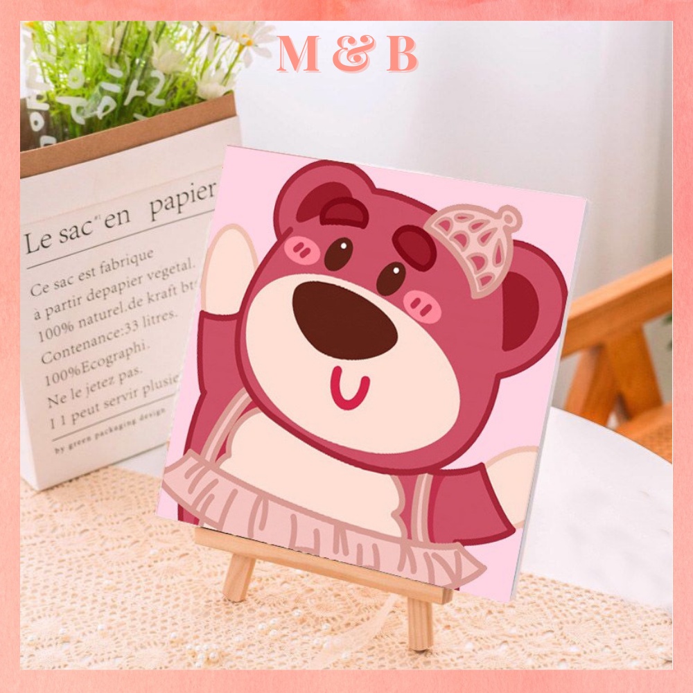 Tranh số hóa 20x20, Tranh Tô Màu gấu Lotso Strawberry bear gấu dâu hồng tặng kèm bộ màu và bút vẽ