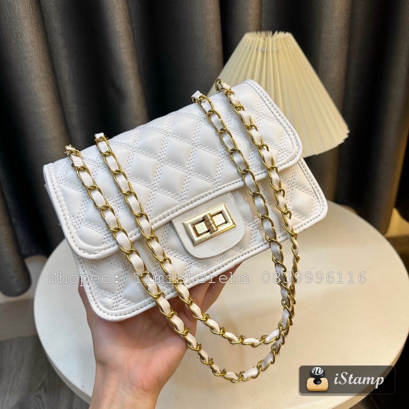 Túi xách đeo chéo nữ khóa xoay 3 ngăn da mềm thêu ô trám dây xích rẻ đẹp TIMISTOREHN TN188