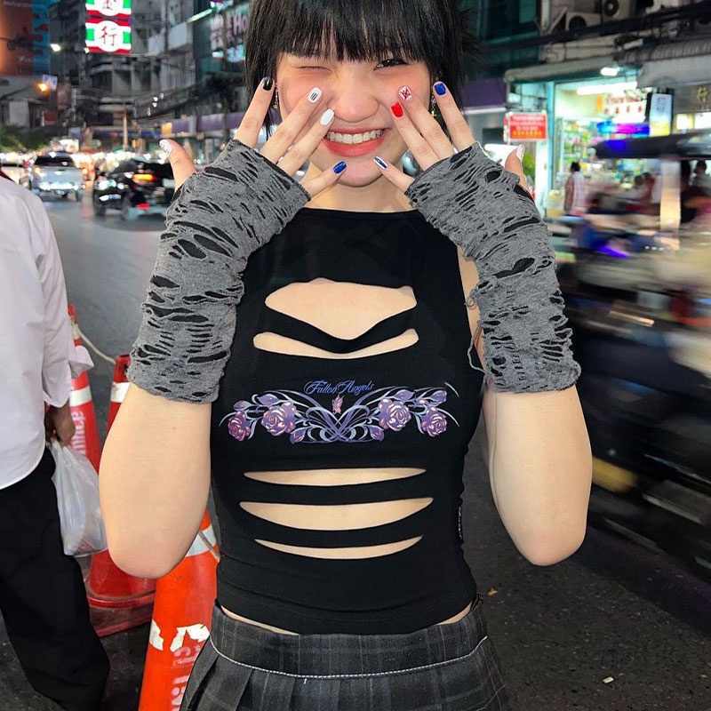 Áo Tank Top Sát Nách Dáng Ôm In Họa Tiết Lỗ Thời Trang Mùa Hè 2023 Mới Quyến Rũ Cho Nữ