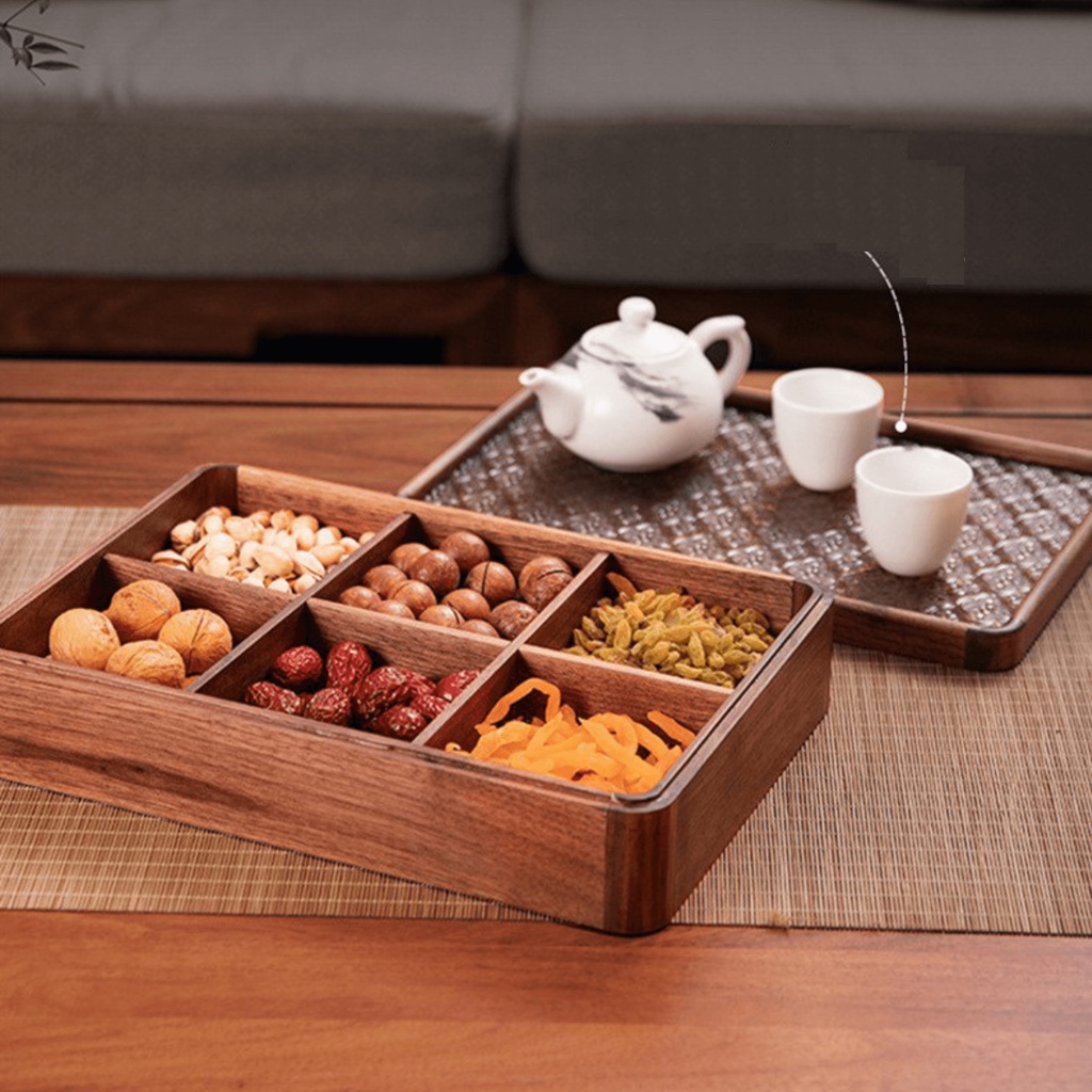 Hộp Đựng Bánh Kẹo Tết VIVUDECOR Chất Liệu Gỗ Óc Chó Hàng Cao Cấp 6 Ngăn Đựng Kích Thước 22x32cm