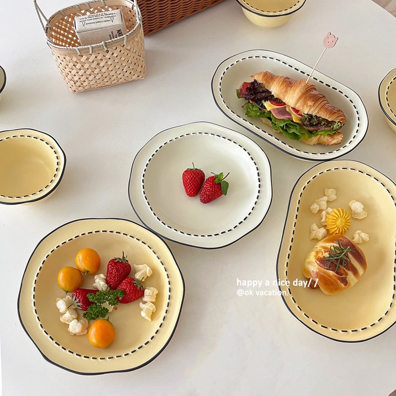 Bộ bát đĩa viền nét đứt, bộ bát đĩa pastel, bát đĩa decor