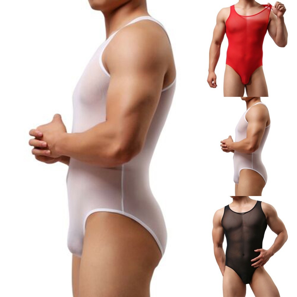 Men Leotard Black/White Bodysuit Sheer Sleeveless Jockstrap Bulge Pouch Brief Underwear