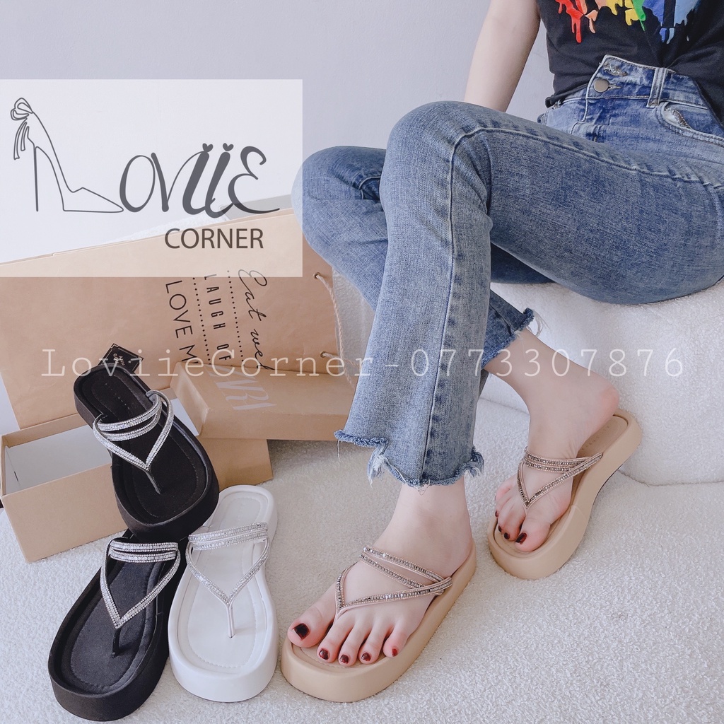 DÉP XUỒNG LOVIIECORNER - DÉP THỜI TRANG NỮ QUAI KẸP NGANG ĐÍNH ĐÁ NỮ TÍNH ĐẾ BẰNG D230141