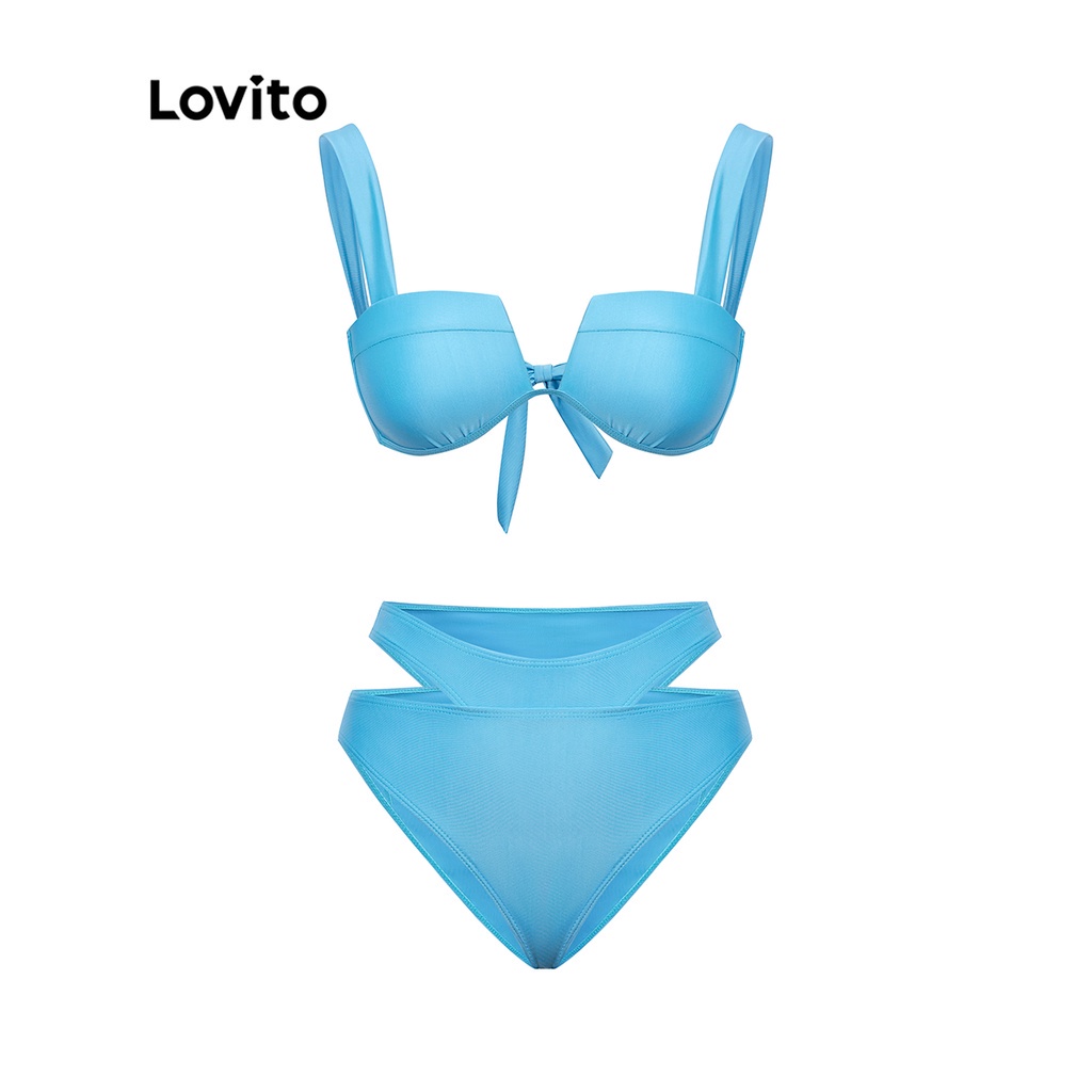 Bộ bikini Lovito màu trơn có gọng cắt xẻ sexy dành cho nữ L38AD026 (xanh dương)