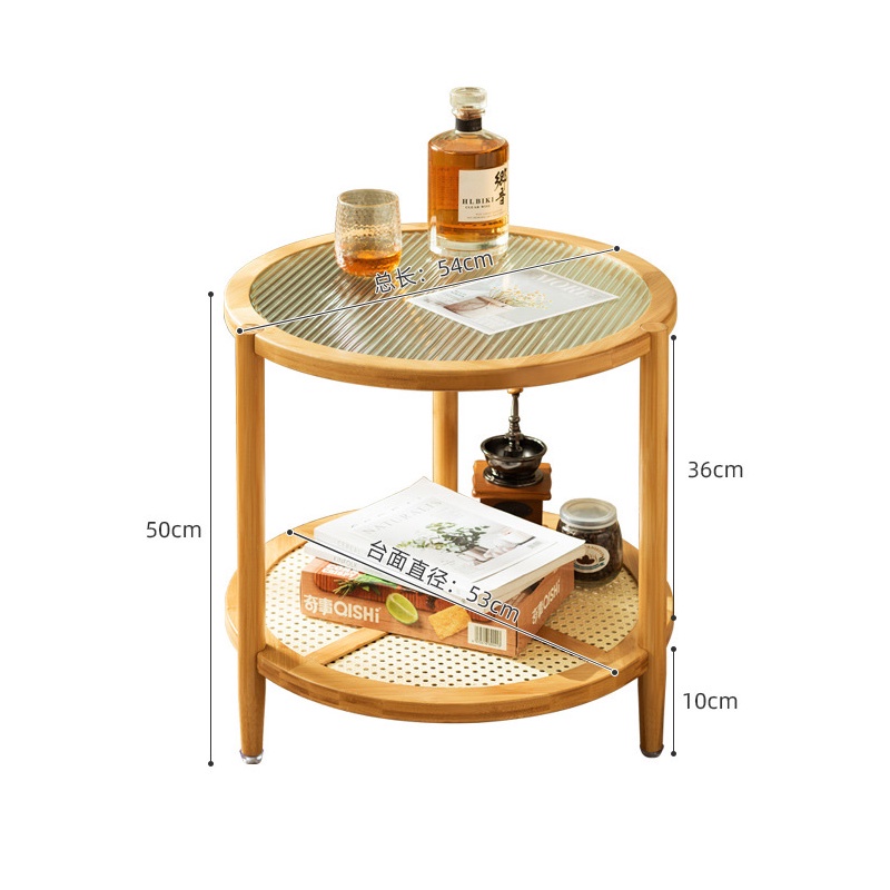 Bàn trà tròn 2 tầng mặt kính gỗ tre sang trọng, bàn cà phê ngồi ban công uống trà, bàn sofa NIKIATA
