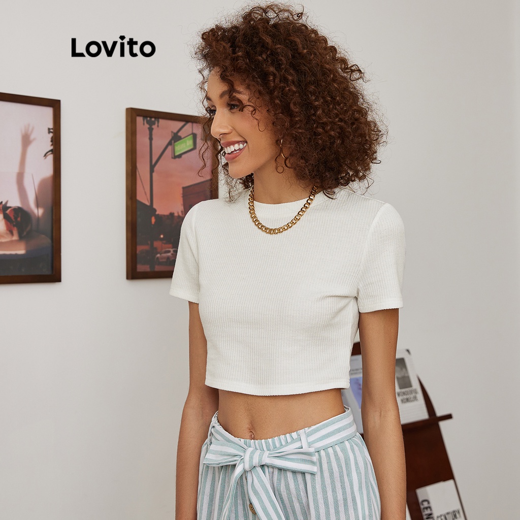 (Nhấp Trên cùng của KOL) Áo thun Lovito cổ tròn màu trơn cơ bản thường ngày L19D365 (Màu trắng)