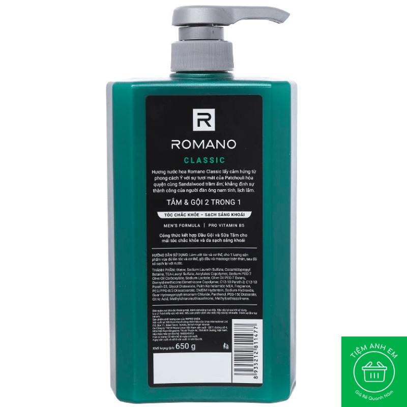 Tắm gội 2 in 1 Romano hương nước hoa chai 650g