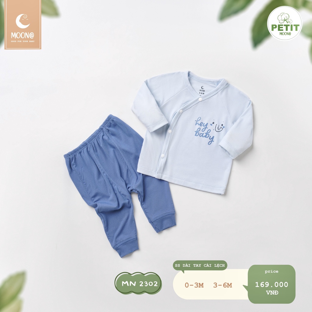 Bộ sơ sinh Moon cài chéo chất petit, combo phụ kiện mũ, yếm, bao chân bao tay