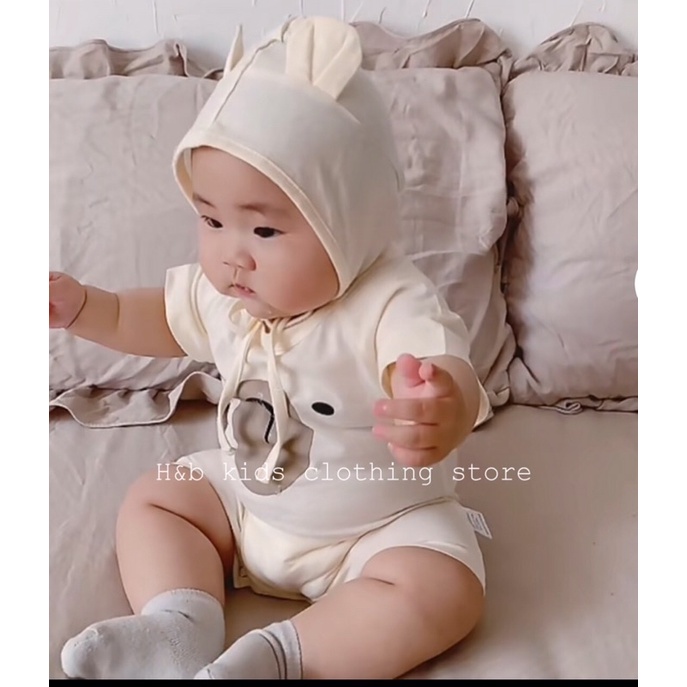Set body mặt gấu kèm mũ đáng yêu cho bé từ 3-10kg, chất cotton tàu xịn mềm mịn thấm hút mồ hôi