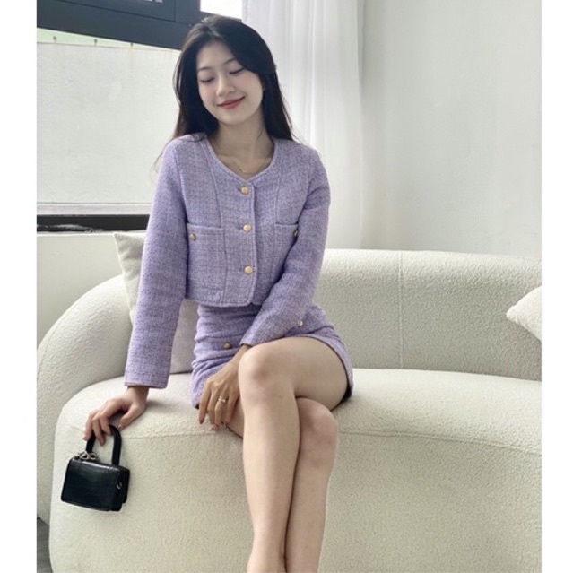 Set áo và chân váy dạ tweed chất đẹp màu tím khoai môn