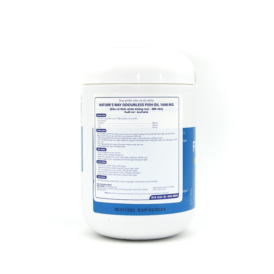 Viên Uống Dầu Cá Nature’s Way Odourless Fish Oil Tăng Cường Sức Khoẻ Tự Nhiên Không Mùi 1000mg - 200 Viên