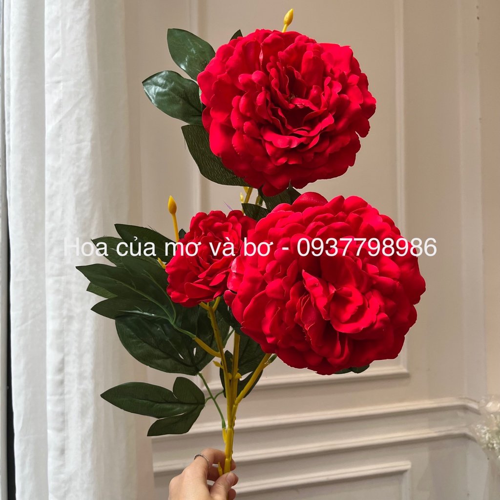 Cành, Đầu Bông Mẫu Đơn Nhung Đỏ To Cao Cấp MerBer Cành Gồm 3 Bông dài 90cm, Bông To 18-20cm