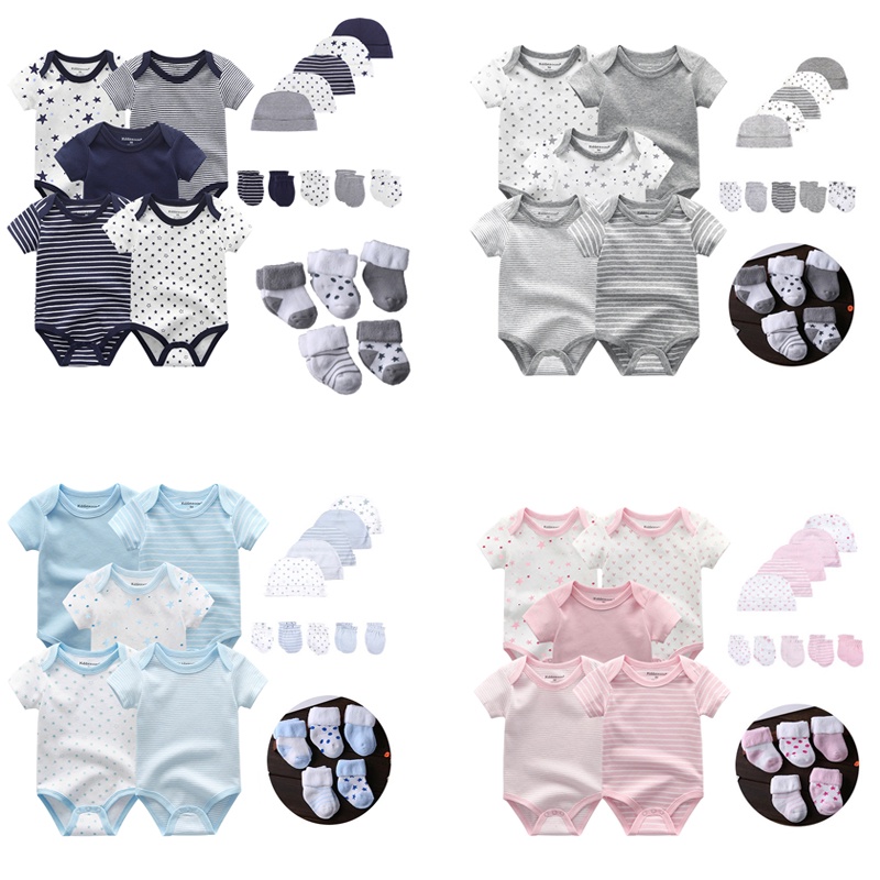 Bộ Áo Liền Quần + Găng Tay + Mũ + Vớ 100% Cotton In Họa Tiết Hoạt Hình Dễ Thương Thời Trang Cho Bé Sơ Sinh